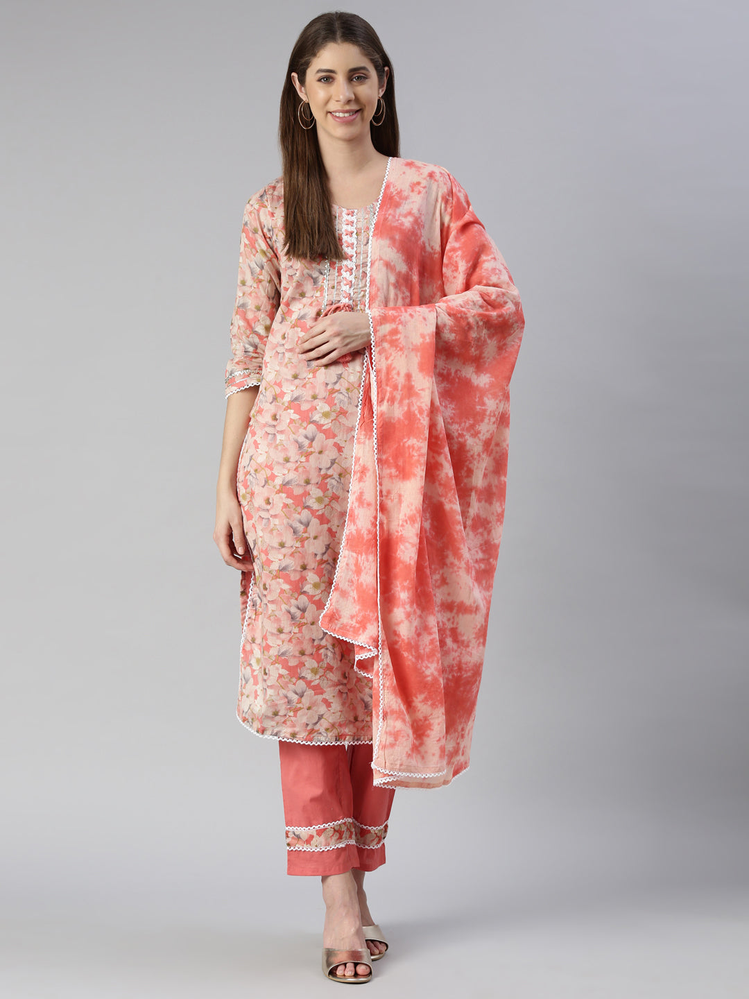 Neerus Orange printed kurta set with trouser and dupatta - front view