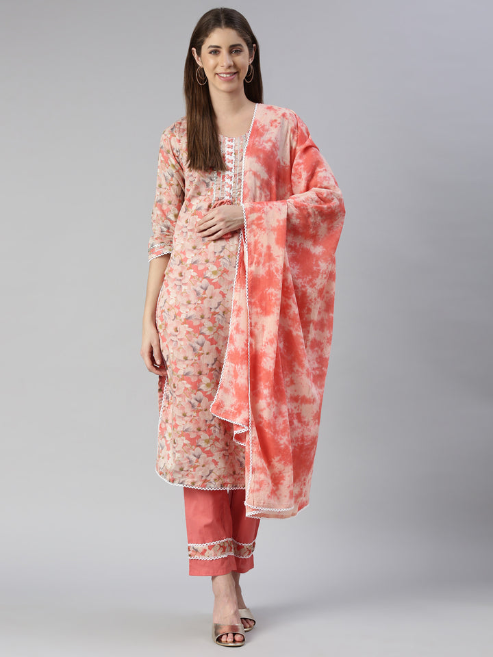Neerus Orange printed kurta set with trouser and dupatta - front view