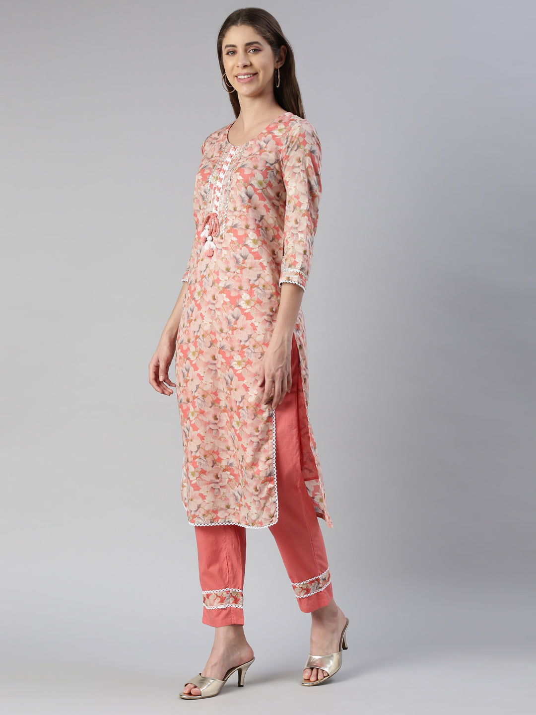 Neerus Orange printed kurta set with trouser and dupatta - back view