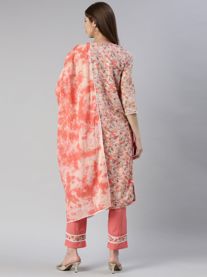 Neerus Orange printed kurta set with trouser and dupatta - side view