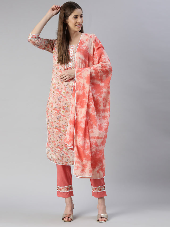Neerus Orange printed kurta set with trouser and dupatta - detail view 3
