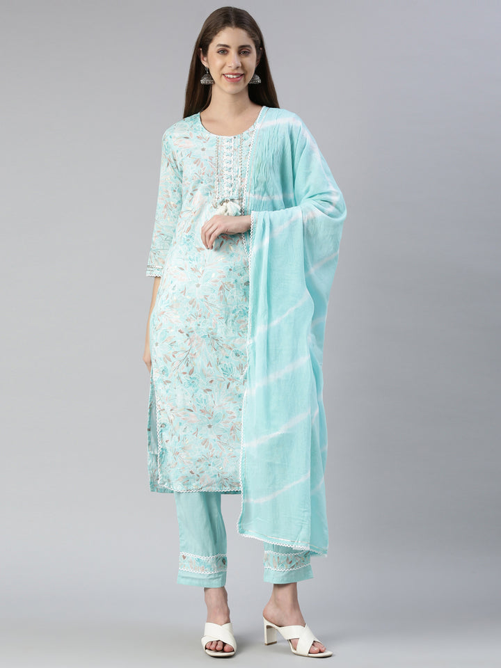 Neerus Blue printed straight kurta set with trouser and dupatta - front view