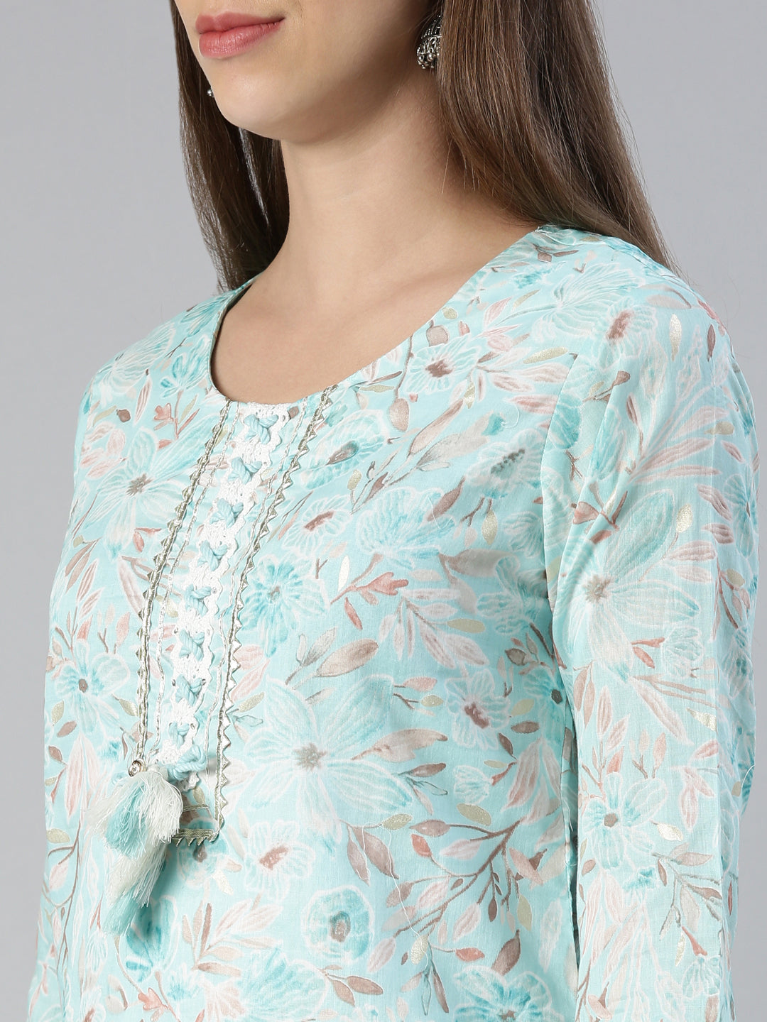 Neerus Blue printed straight kurta set with trouser and dupatta - detail view 1