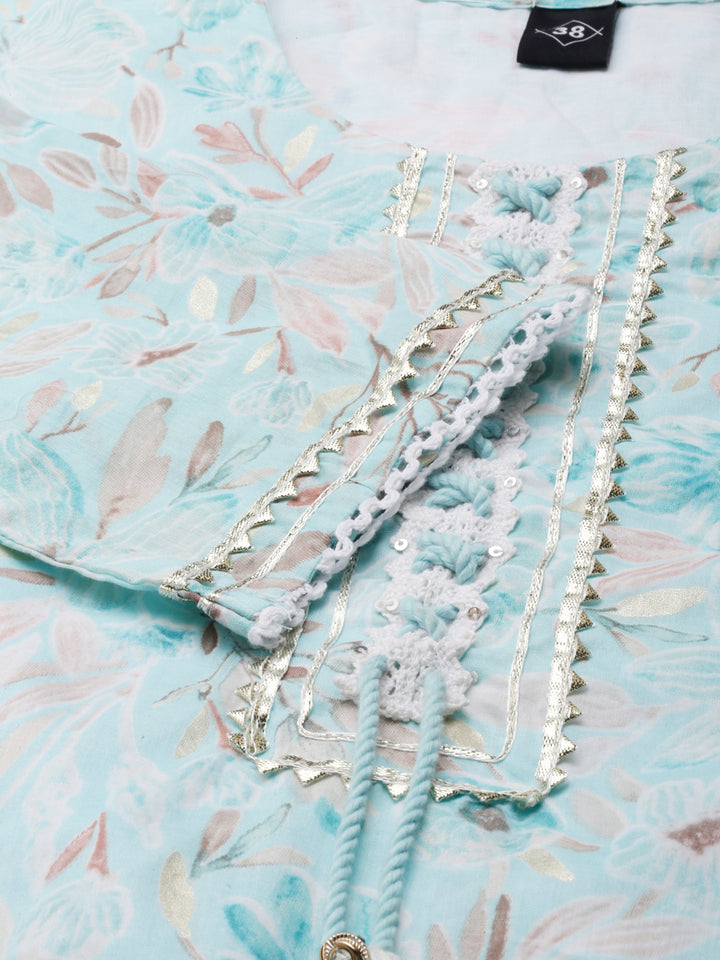 Neerus Blue printed straight kurta set with trouser and dupatta - detail view 2