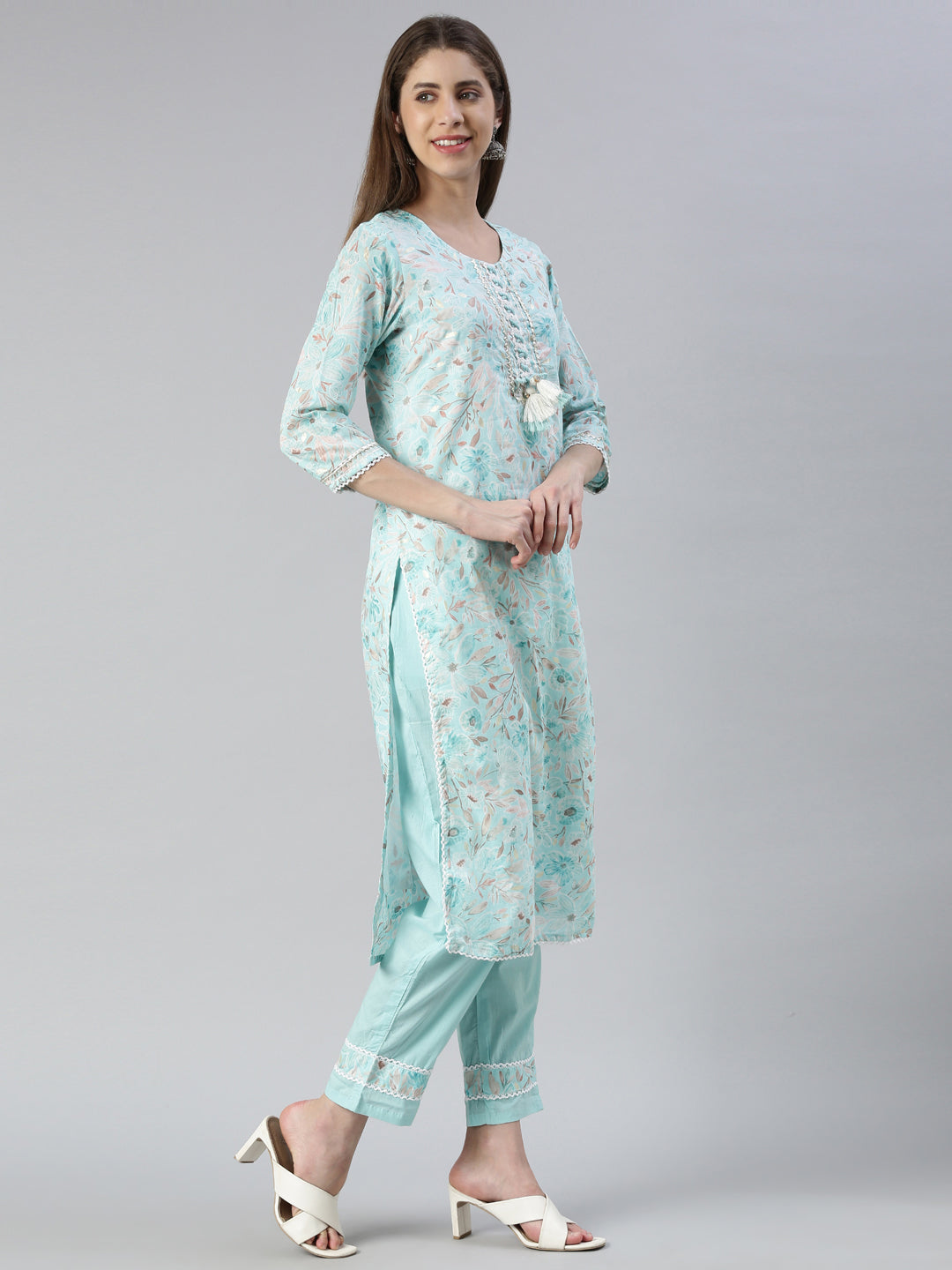 Neerus Blue printed straight kurta set with trouser and dupatta - back view