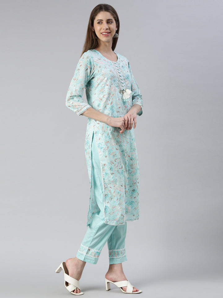 Neerus Blue printed straight kurta set with trouser and dupatta - back view