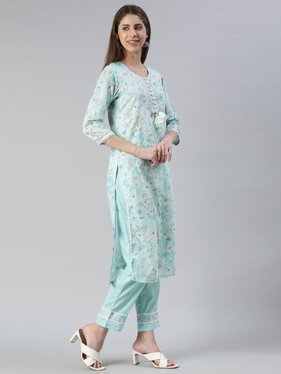 Neerus Women  Ferozi Printed Calf Length Kurta And Trousers With Dupatta