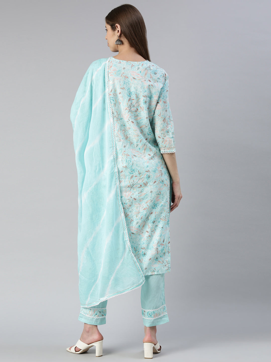 Neerus Blue printed straight kurta set with trouser and dupatta - side view