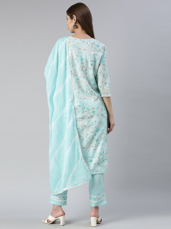 Neerus Blue printed straight kurta set with trouser and dupatta - side view