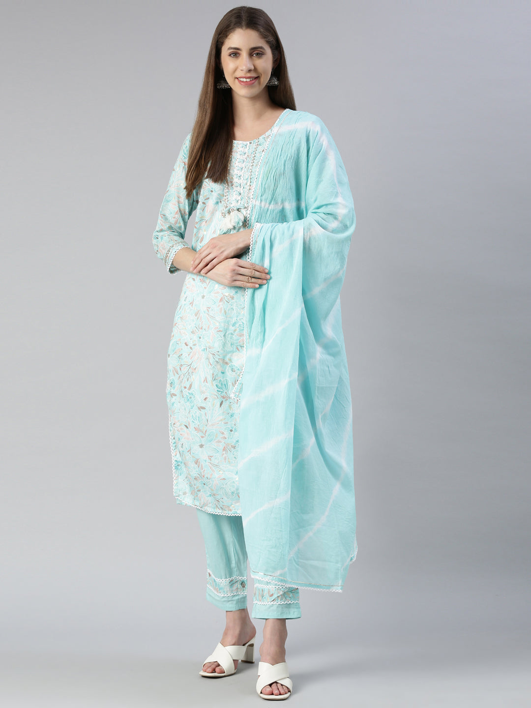 Neerus Blue printed straight kurta set with trouser and dupatta - detail view 3