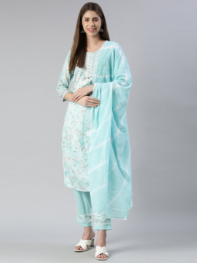 Neerus Women  Ferozi Printed Calf Length Kurta And Trousers With Dupatta