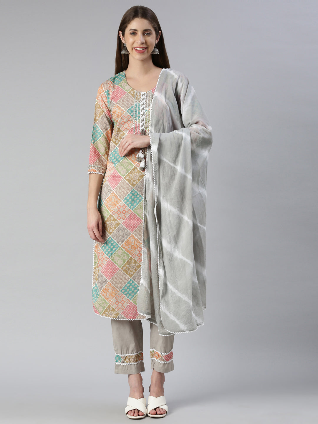 Neerus Multi cotton printed kurta set with trouser and dupatta - front view