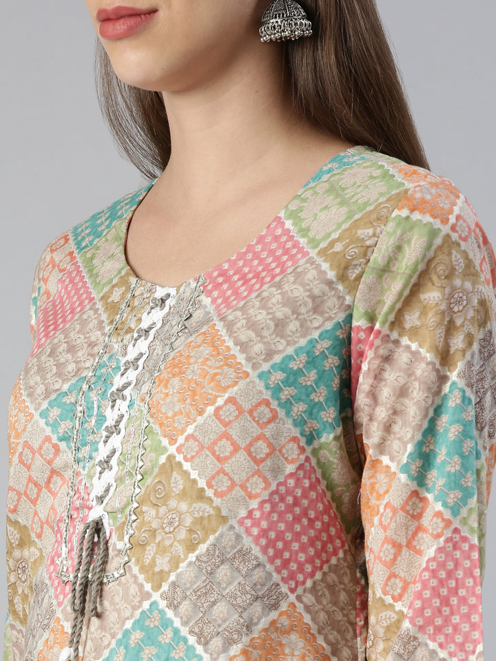 Neerus Multi cotton printed kurta set with trouser and dupatta - detail view 1
