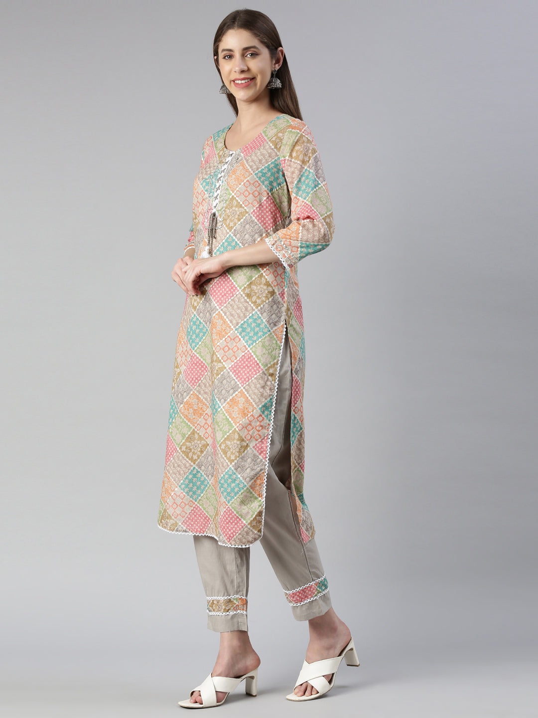 Neerus Multi cotton printed kurta set with trouser and dupatta - back view