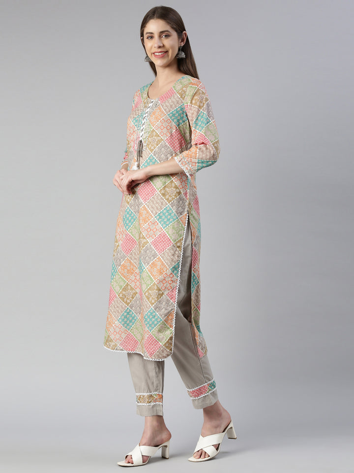 Neerus Multi cotton printed kurta set with trouser and dupatta - back view