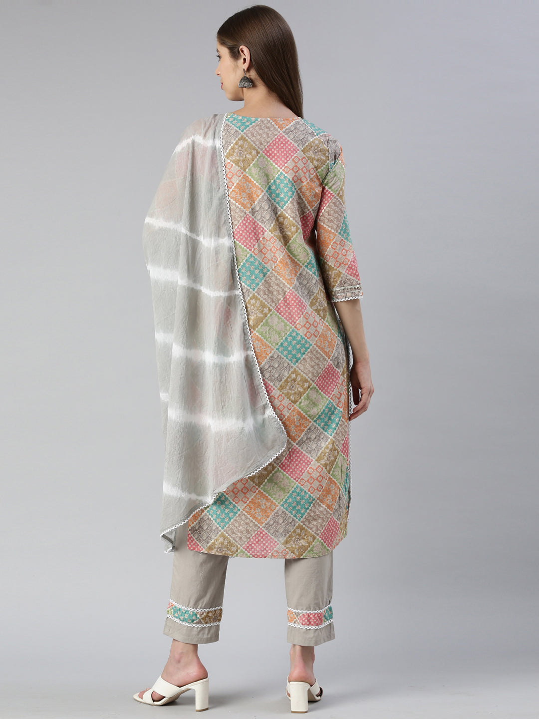 Neerus Multi cotton printed kurta set with trouser and dupatta - side view