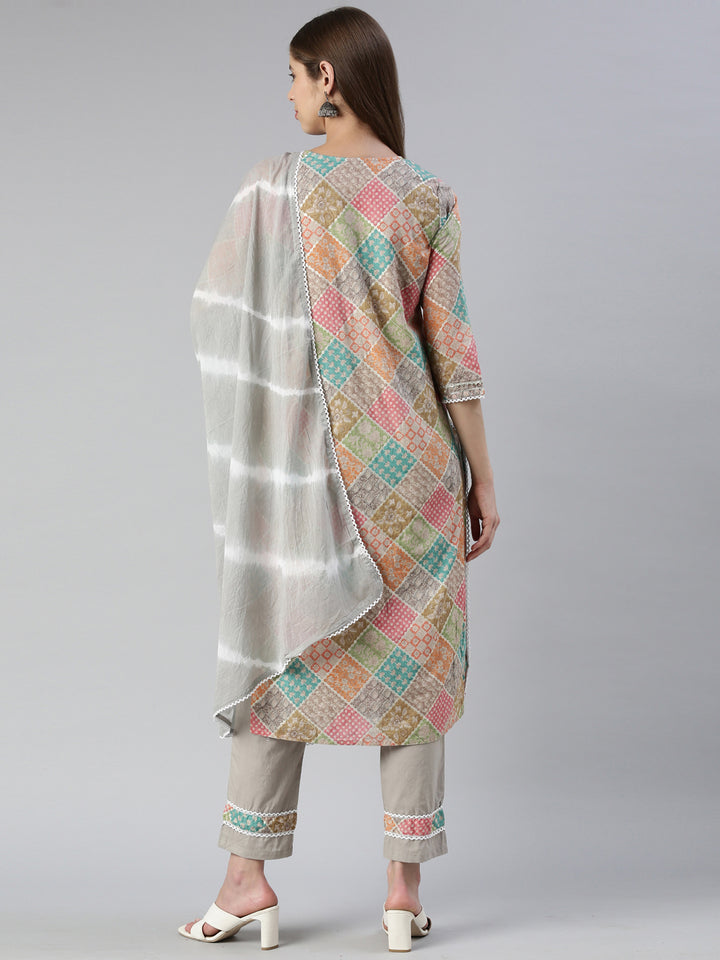 Neerus Multi cotton printed kurta set with trouser and dupatta - side view