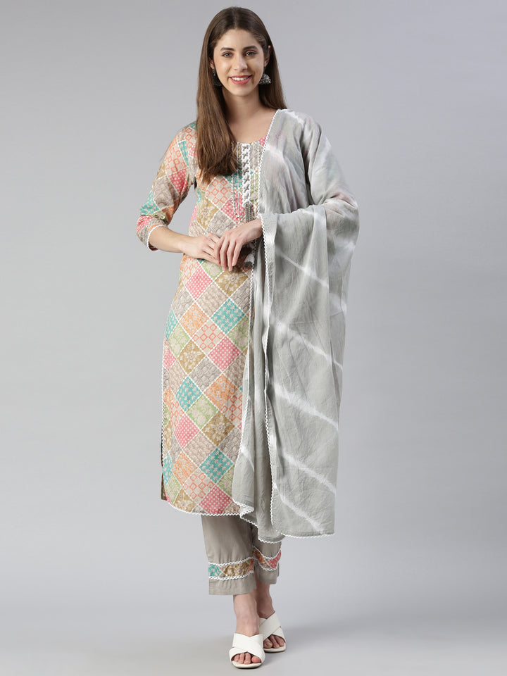Neerus Multi cotton printed kurta set with trouser and dupatta - detail view 2