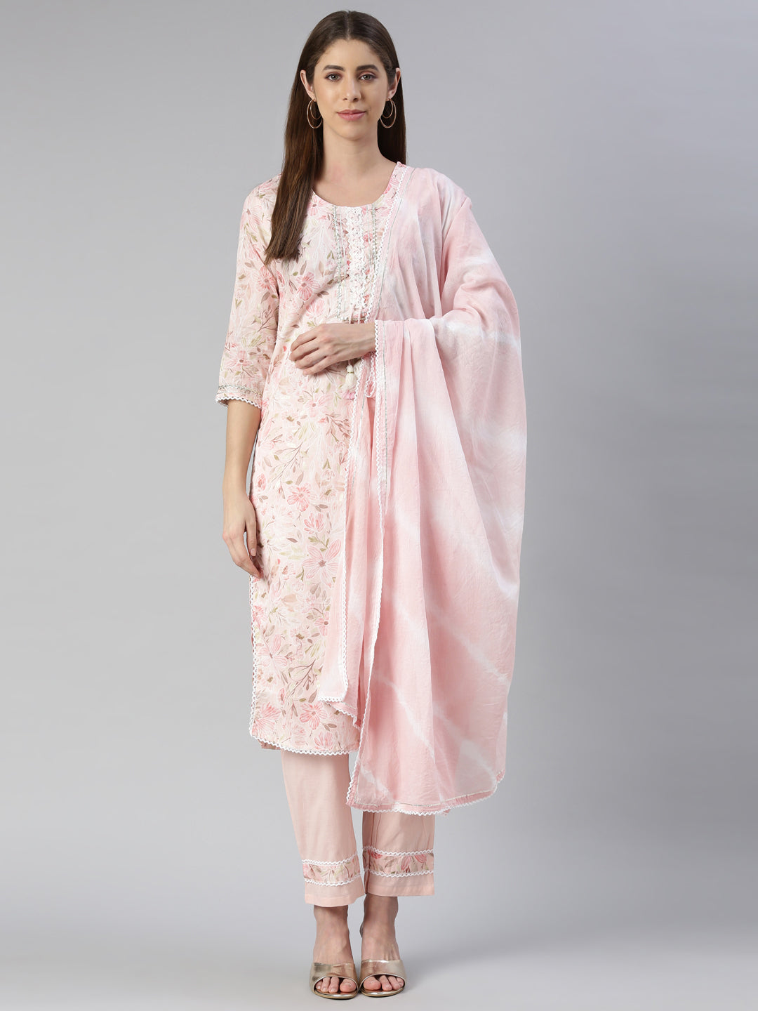 Neerus Pink printed kurta set with trouser and dupatta - front view