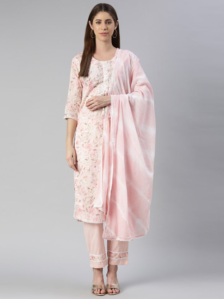 Neerus Pink printed kurta set with trouser and dupatta - front view
