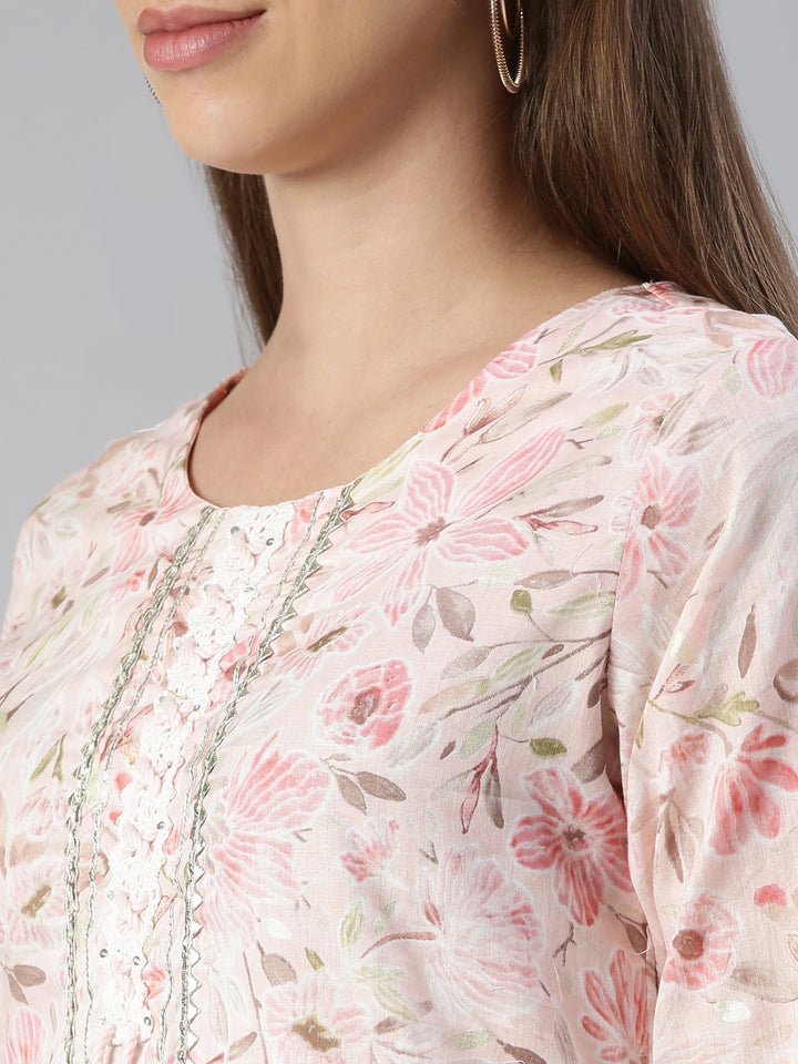 Neerus Pink printed kurta set with trouser and dupatta - detail view 1