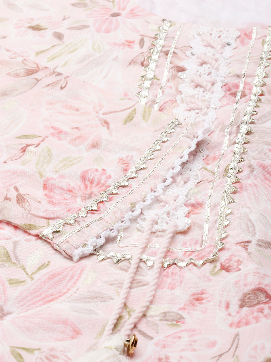 Neerus Pink printed kurta set with trouser and dupatta - detail view 3