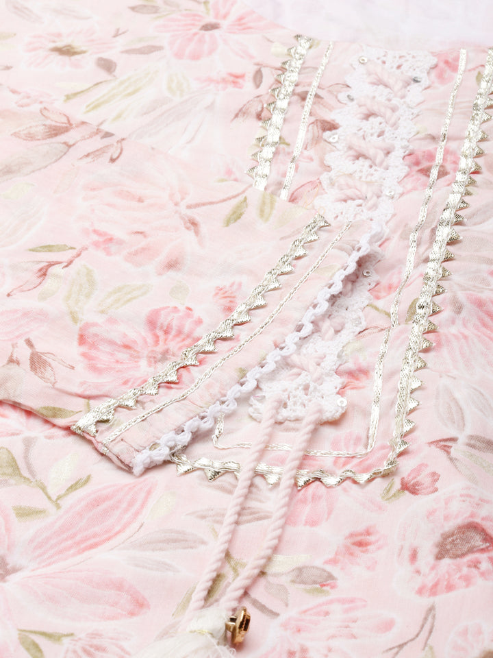 Neerus Pink printed kurta set with trouser and dupatta - detail view 3