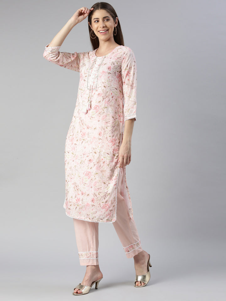 Neerus Pink printed kurta set with trouser and dupatta - back view