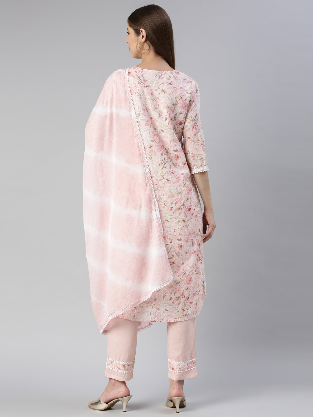 Neerus Pink printed kurta set with trouser and dupatta - side view
