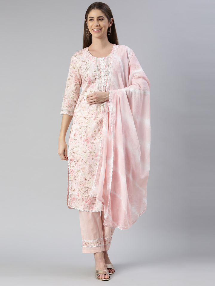 Neerus Pink printed kurta set with trouser and dupatta - detail view 2