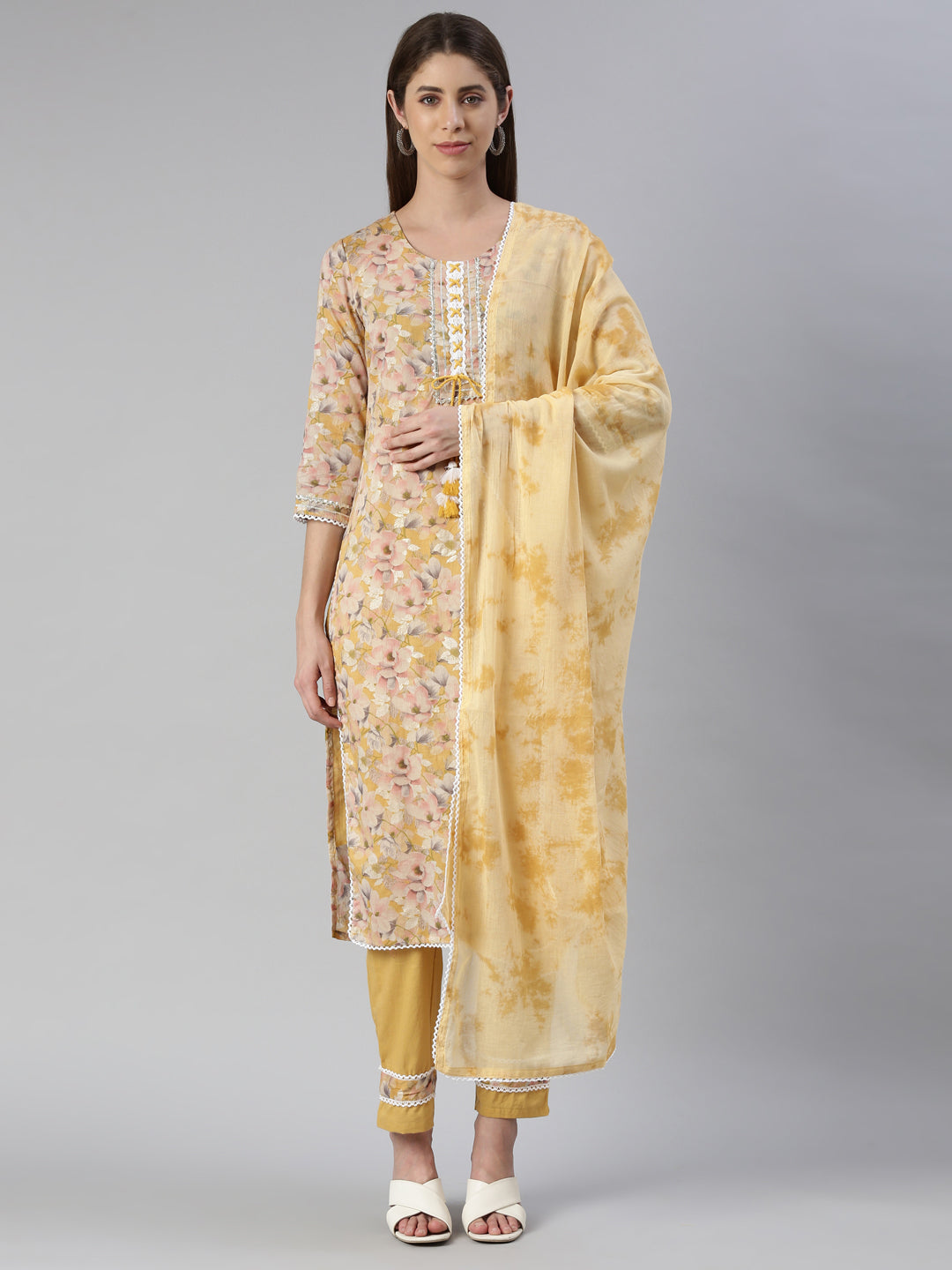 Neerus Women Yellow Printed Calf Length Kurta And Trousers With Dupatta
