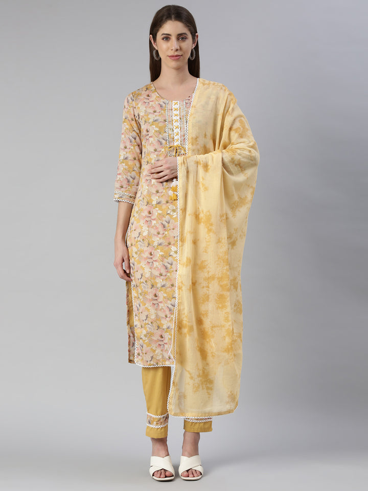 Neerus Women Yellow Printed Calf Length Kurta And Trousers With Dupatta