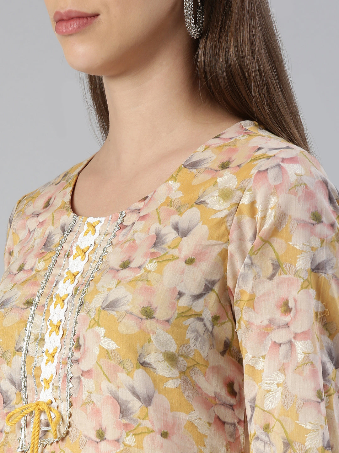 Neerus Women Yellow Printed Calf Length Kurta And Trousers With Dupatta