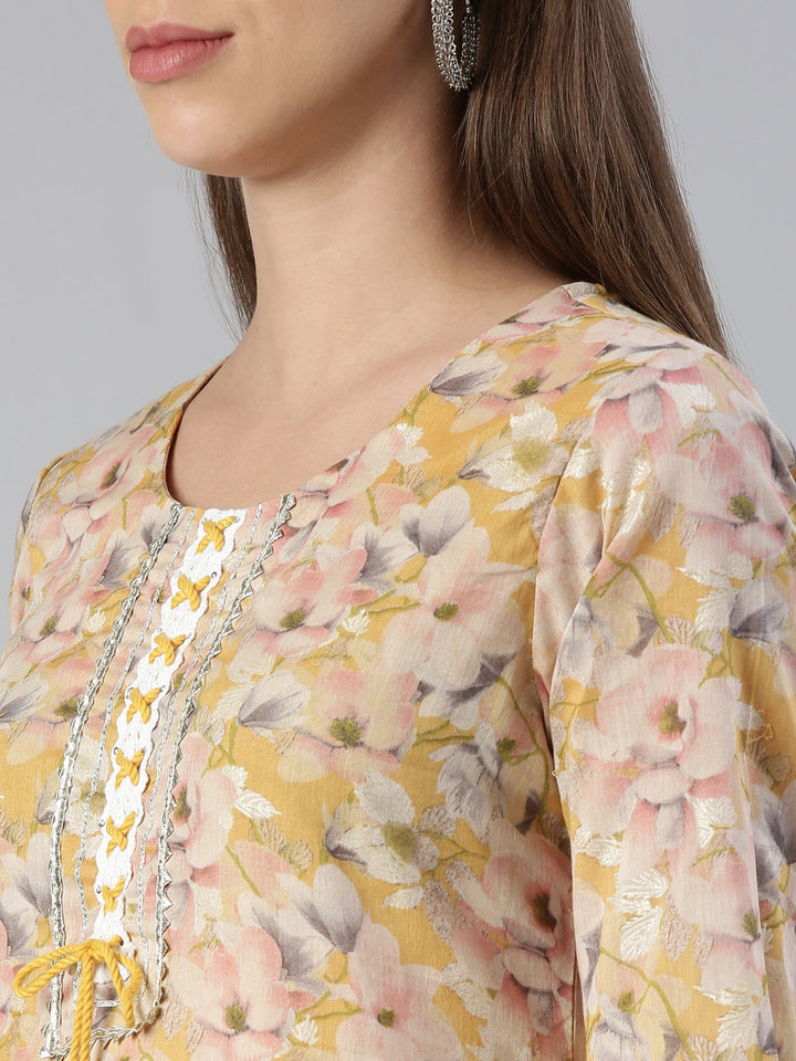 Neerus Women Yellow Printed Calf Length Kurta And Trousers With Dupatta