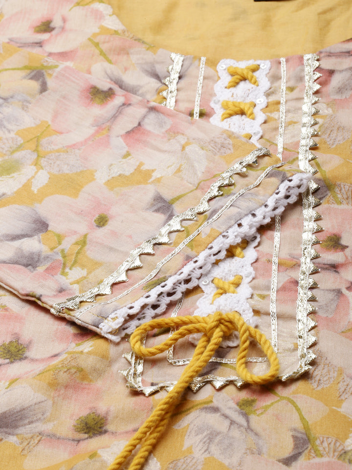 Neerus Women Yellow Printed Calf Length Kurta And Trousers With Dupatta