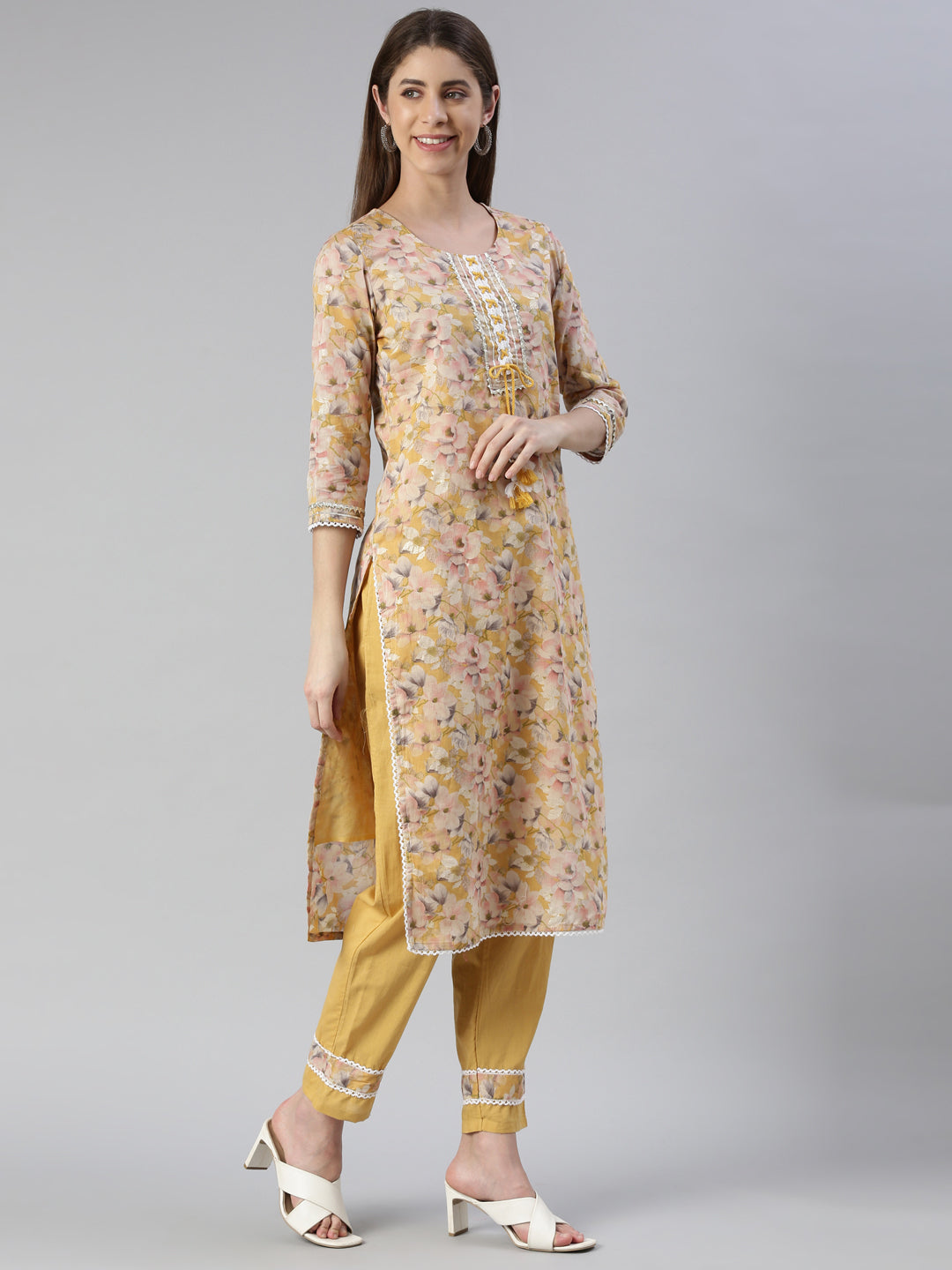 Neerus Women Yellow Printed Calf Length Kurta And Trousers With Dupatta