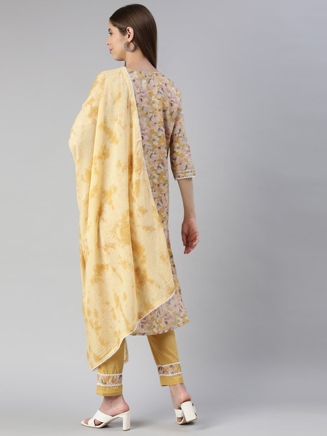 Neerus Women Yellow Printed Calf Length Kurta And Trousers With Dupatta