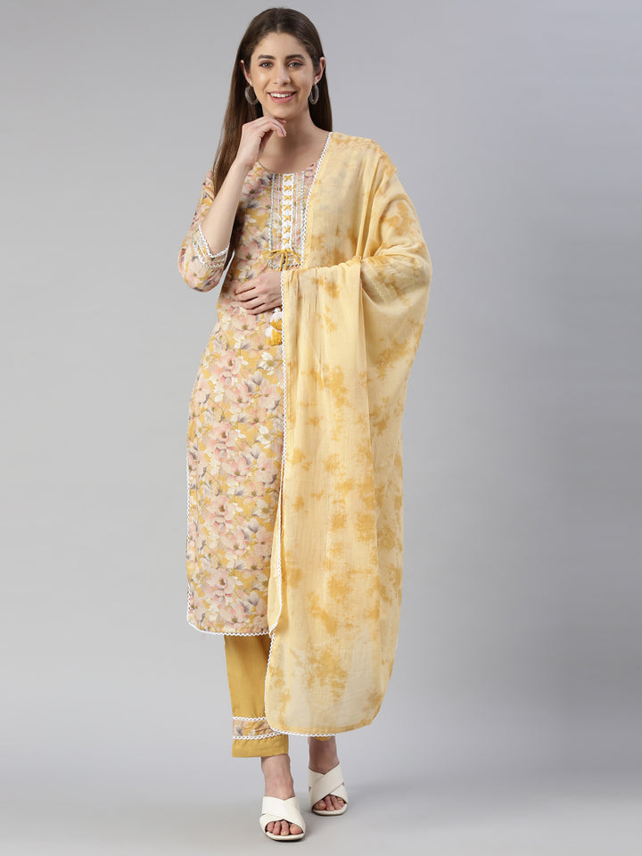 Neerus Women Yellow Printed Calf Length Kurta And Trousers With Dupatta