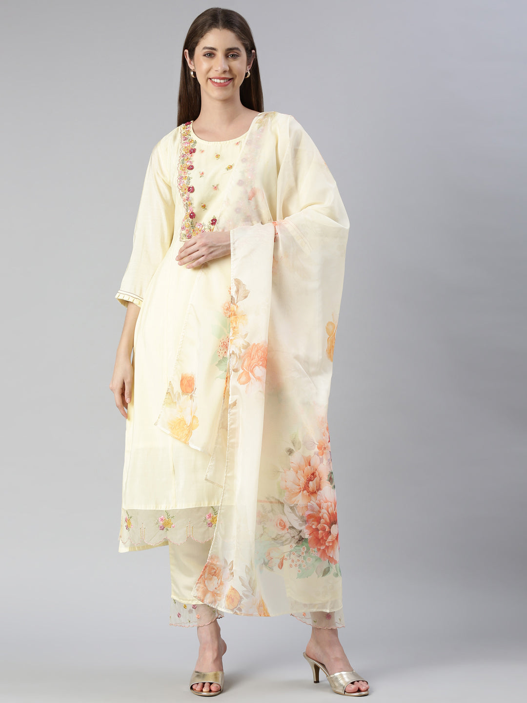Neerus Yellow embroidered kurta set with trouser and dupatta - front view