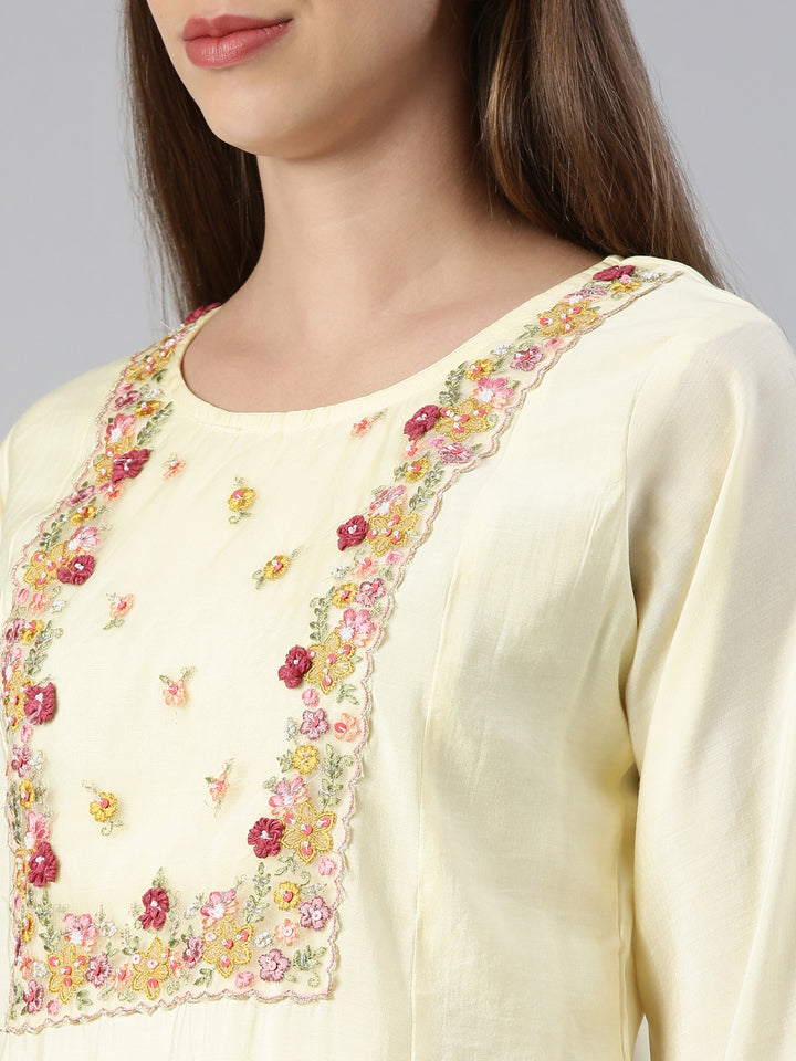 Neerus Yellow embroidered kurta set with trouser and dupatta - detail view 1