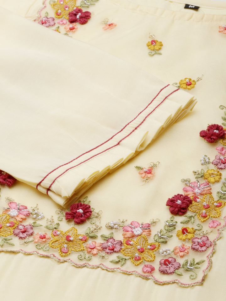 Neerus Yellow embroidered kurta set with trouser and dupatta - detail view 5