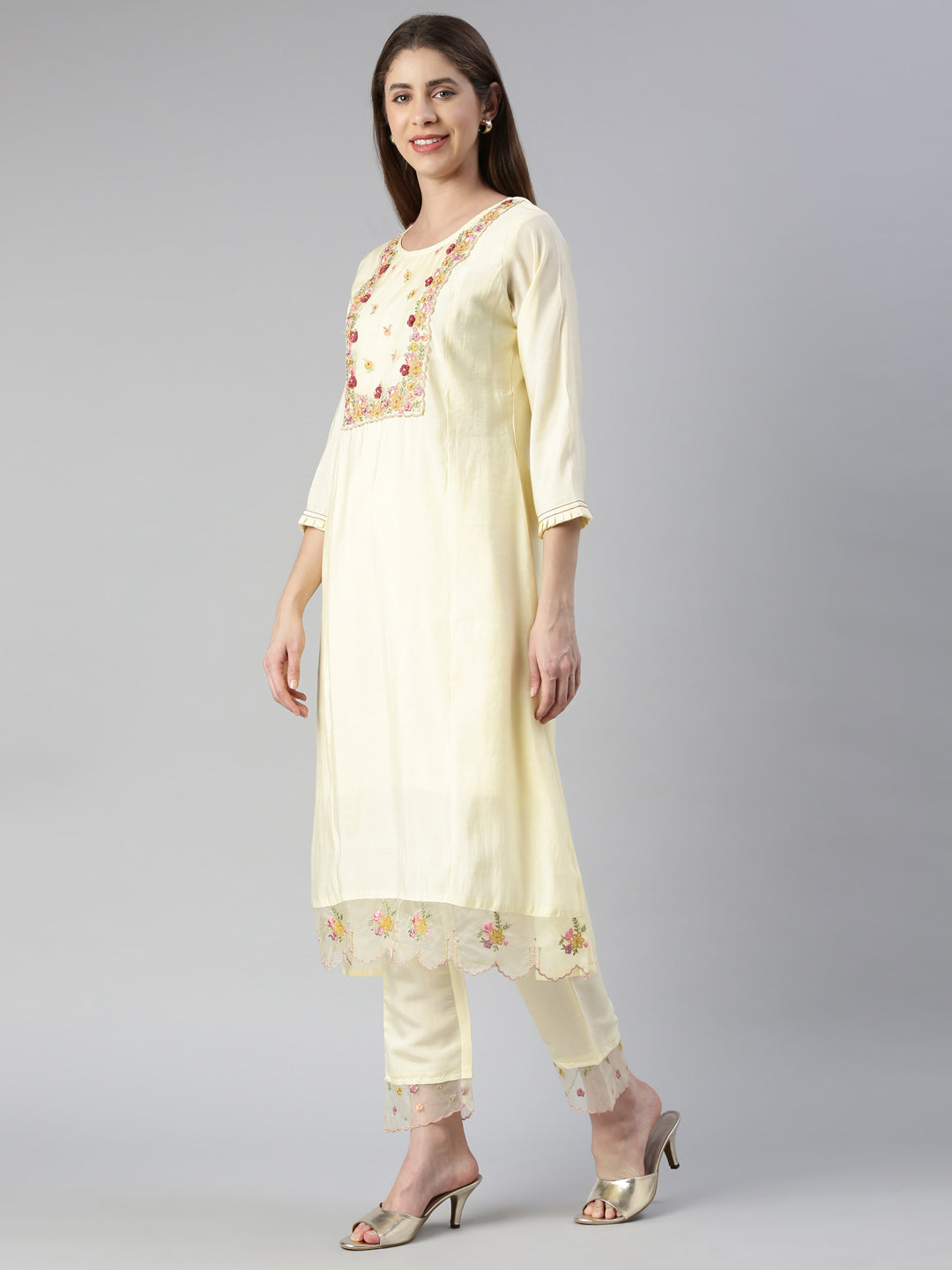 Neerus Yellow embroidered kurta set with trouser and dupatta - back view
