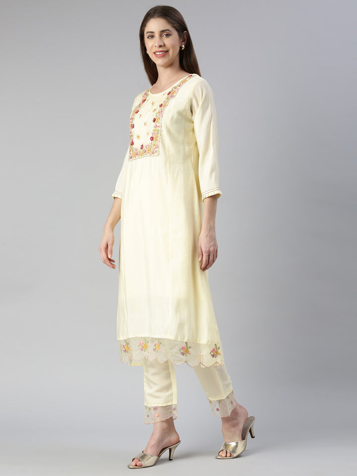 Neerus Yellow embroidered kurta set with trouser and dupatta - back view