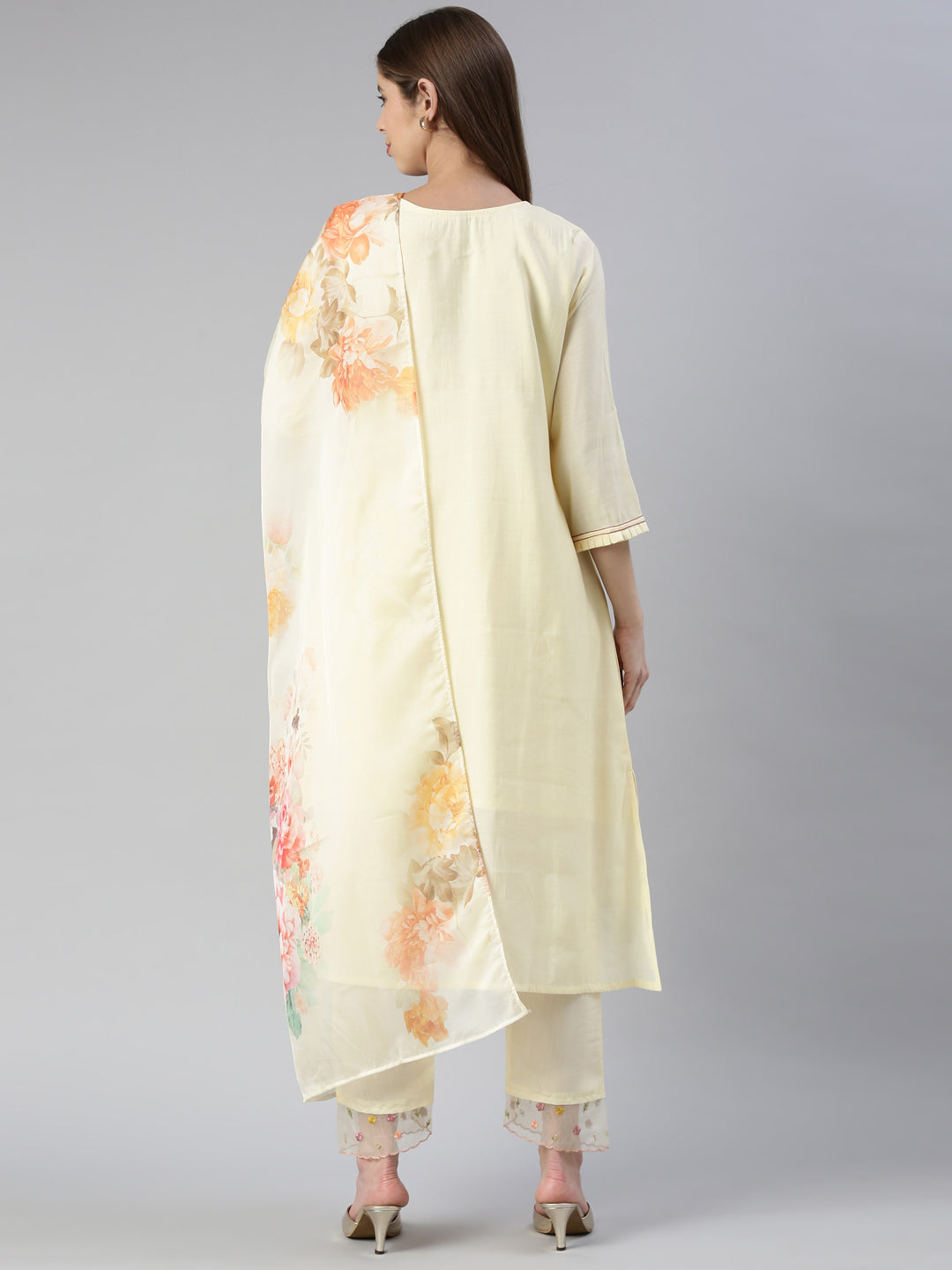 Neerus Yellow embroidered kurta set with trouser and dupatta - side view