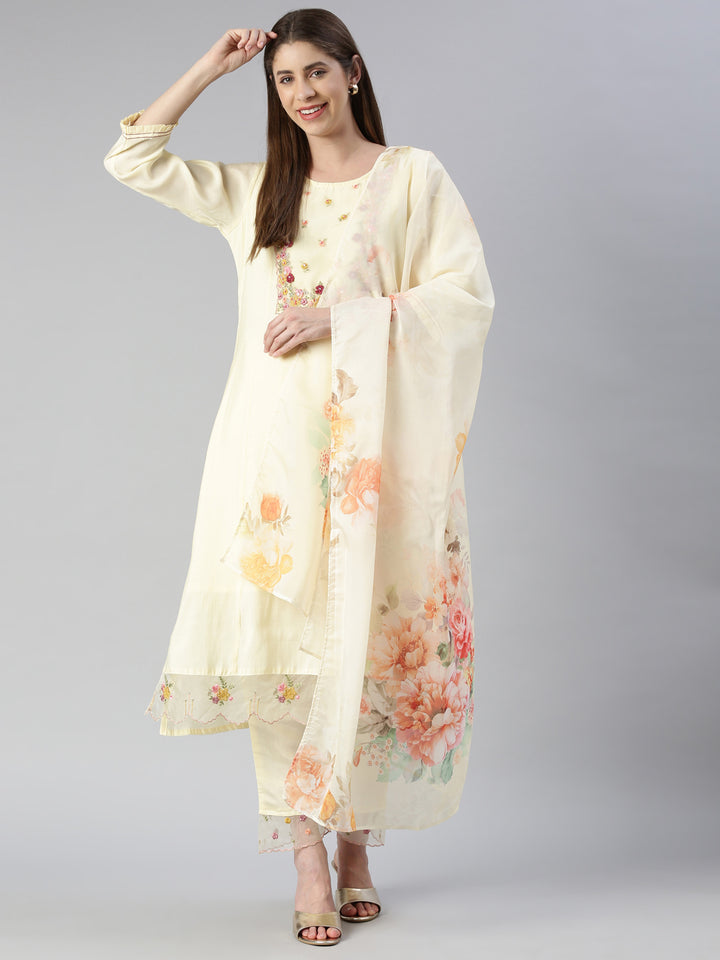 Neerus Yellow embroidered kurta set with trouser and dupatta - detail view 2