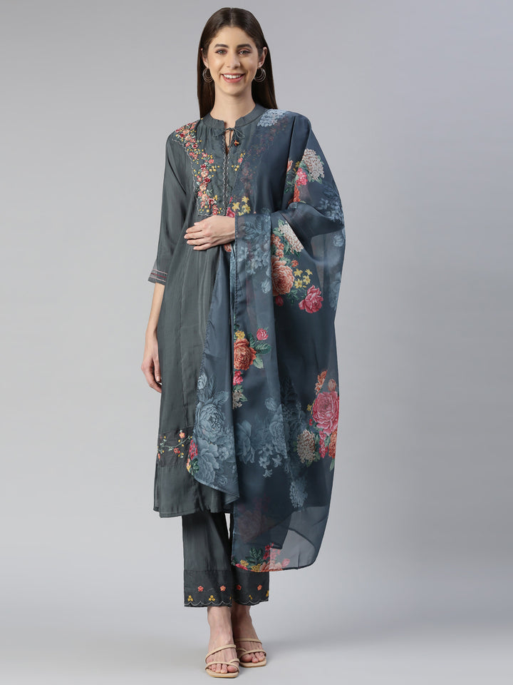 Neerus Grey embroidered kurta set with trouser and dupatta - front view