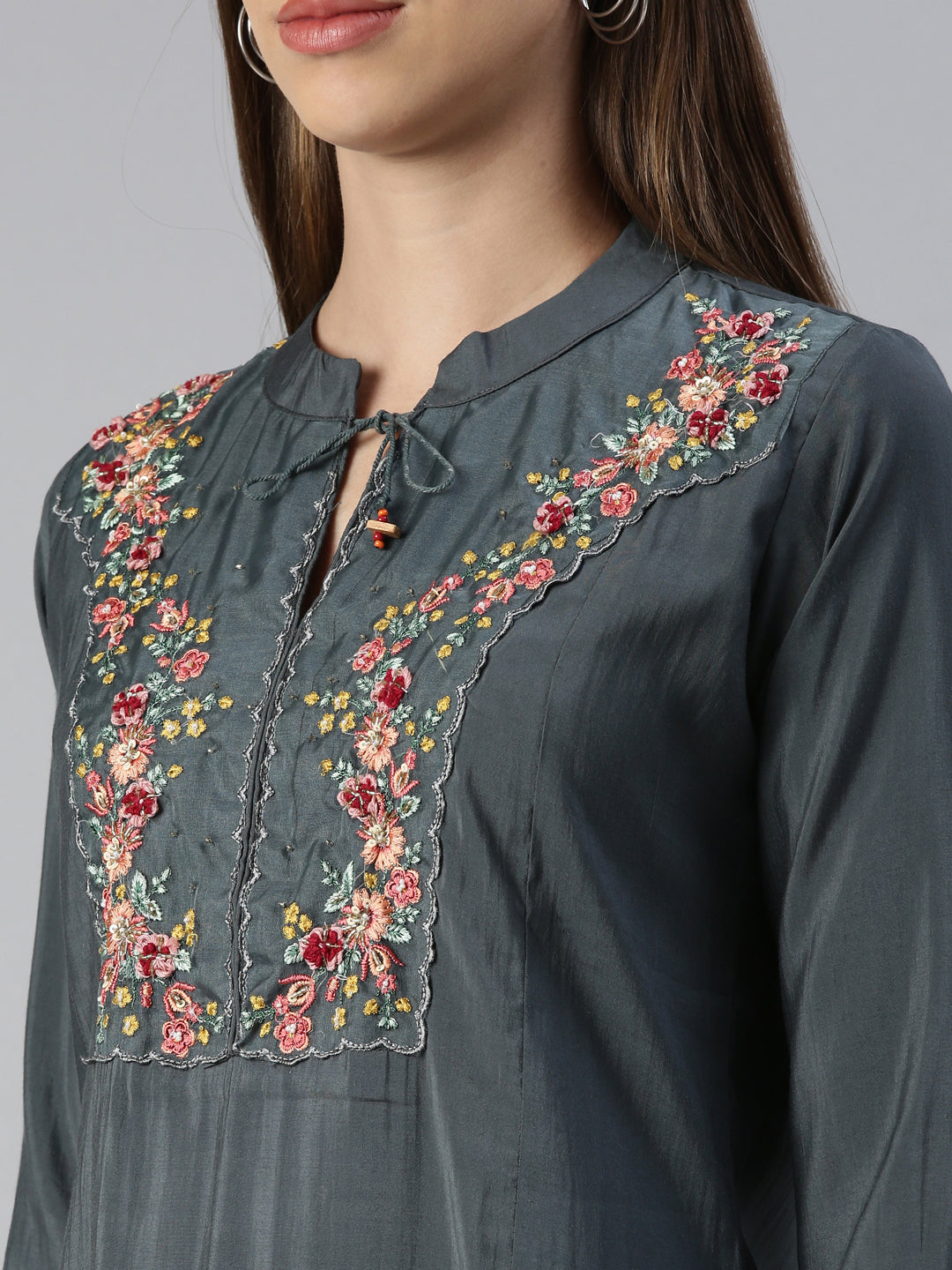 Neerus Grey embroidered kurta set with trouser and dupatta - detail view 1