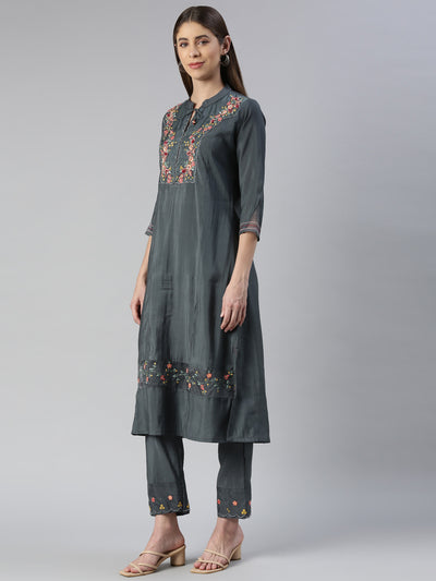 Neerus Women  Grey Yoke Design Calf Length Kurta And Trousers With Dupatta