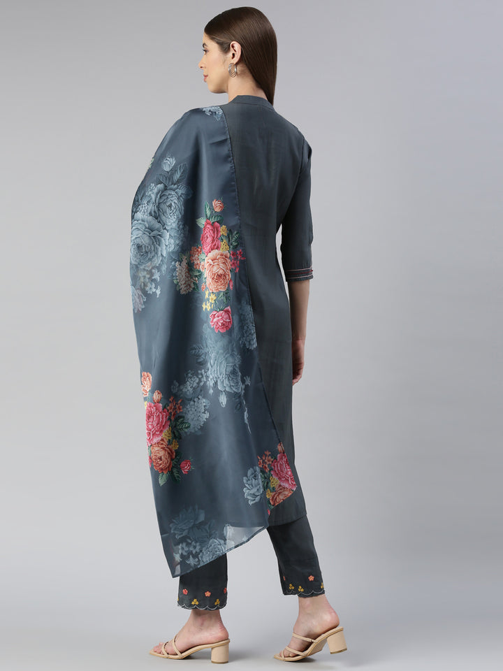 Neerus Grey embroidered kurta set with trouser and dupatta - side view