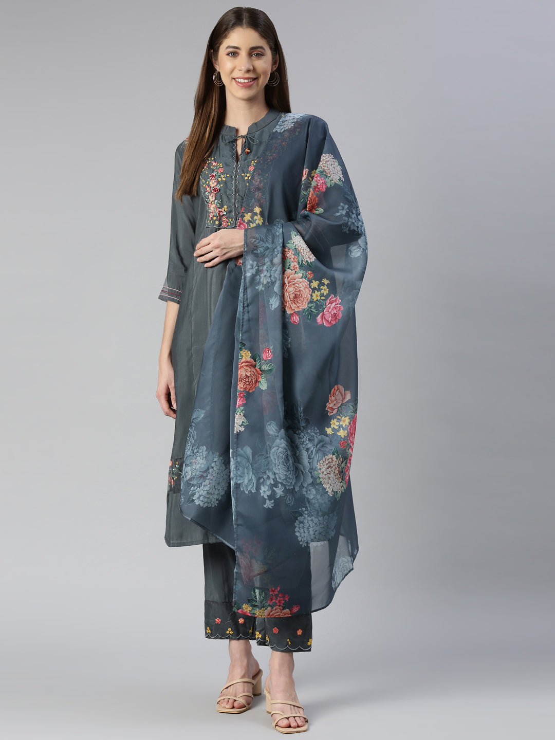 Neerus Grey embroidered kurta set with trouser and dupatta - detail view 2